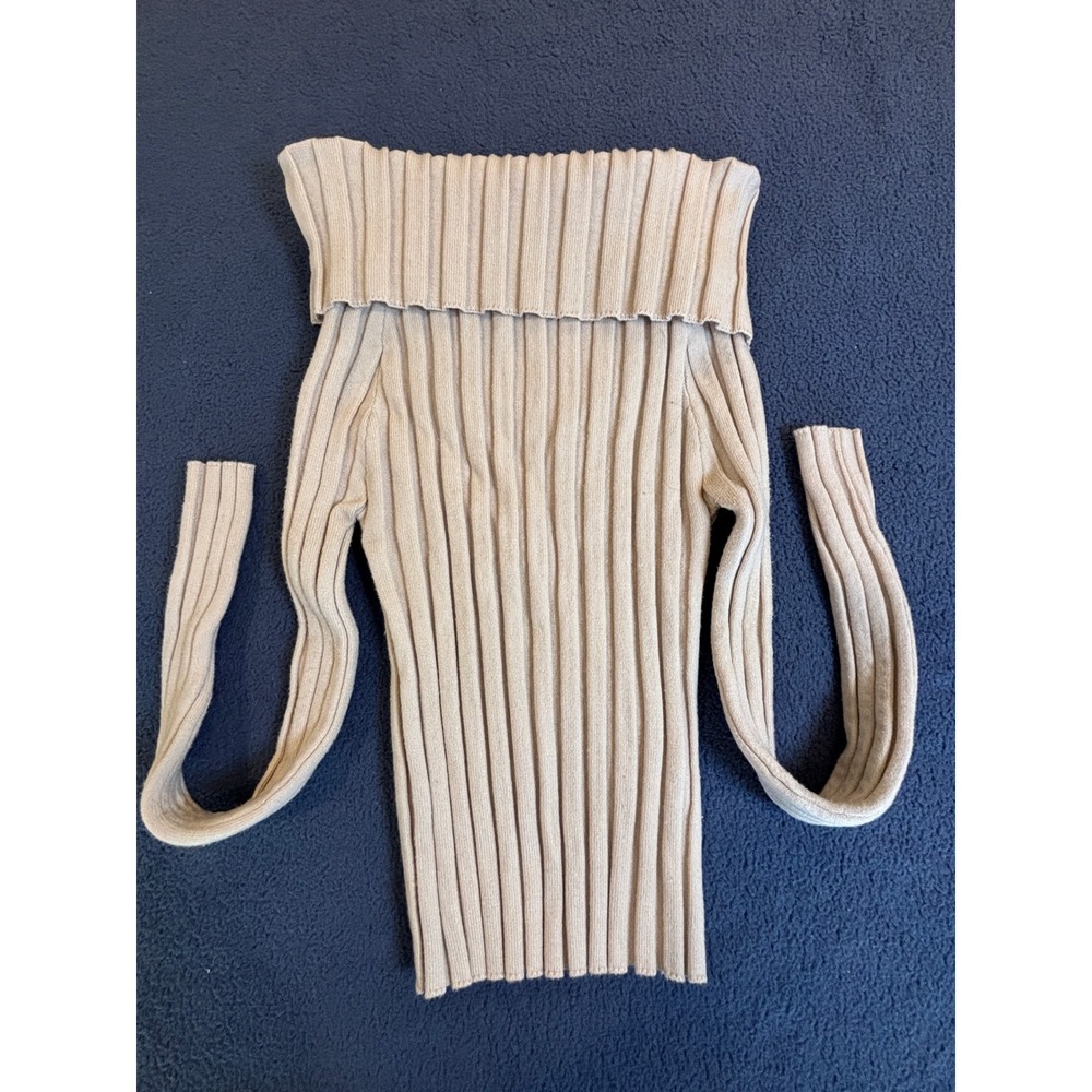 Emerson Lang Beige Ribbed Off The Shoulder Fold Over Neckline Knit Sweater Large